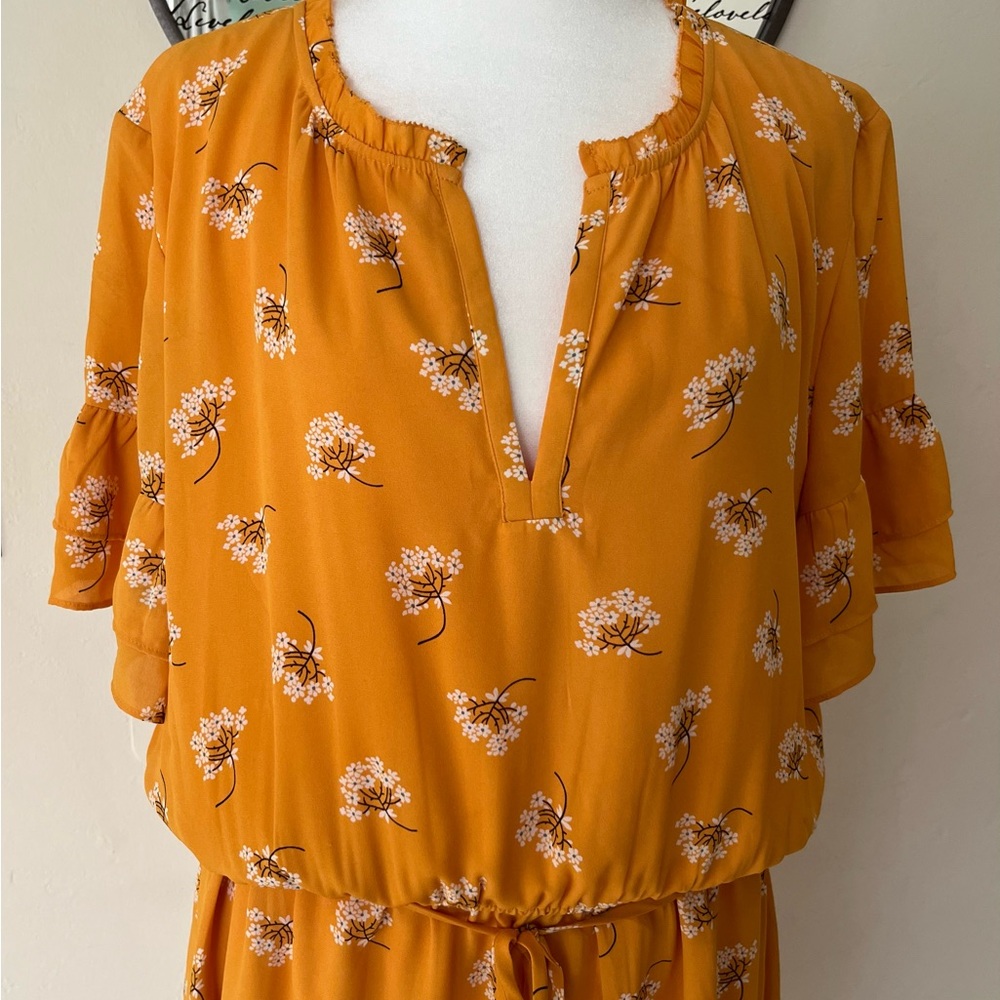 Mustard Yellow Floral Ruffle Sleeve Drawstring Waist Mini Dress XL - Picture 5 of 9